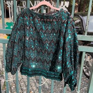 C-Black and Teal Sequin Wave-Pattern Blouse